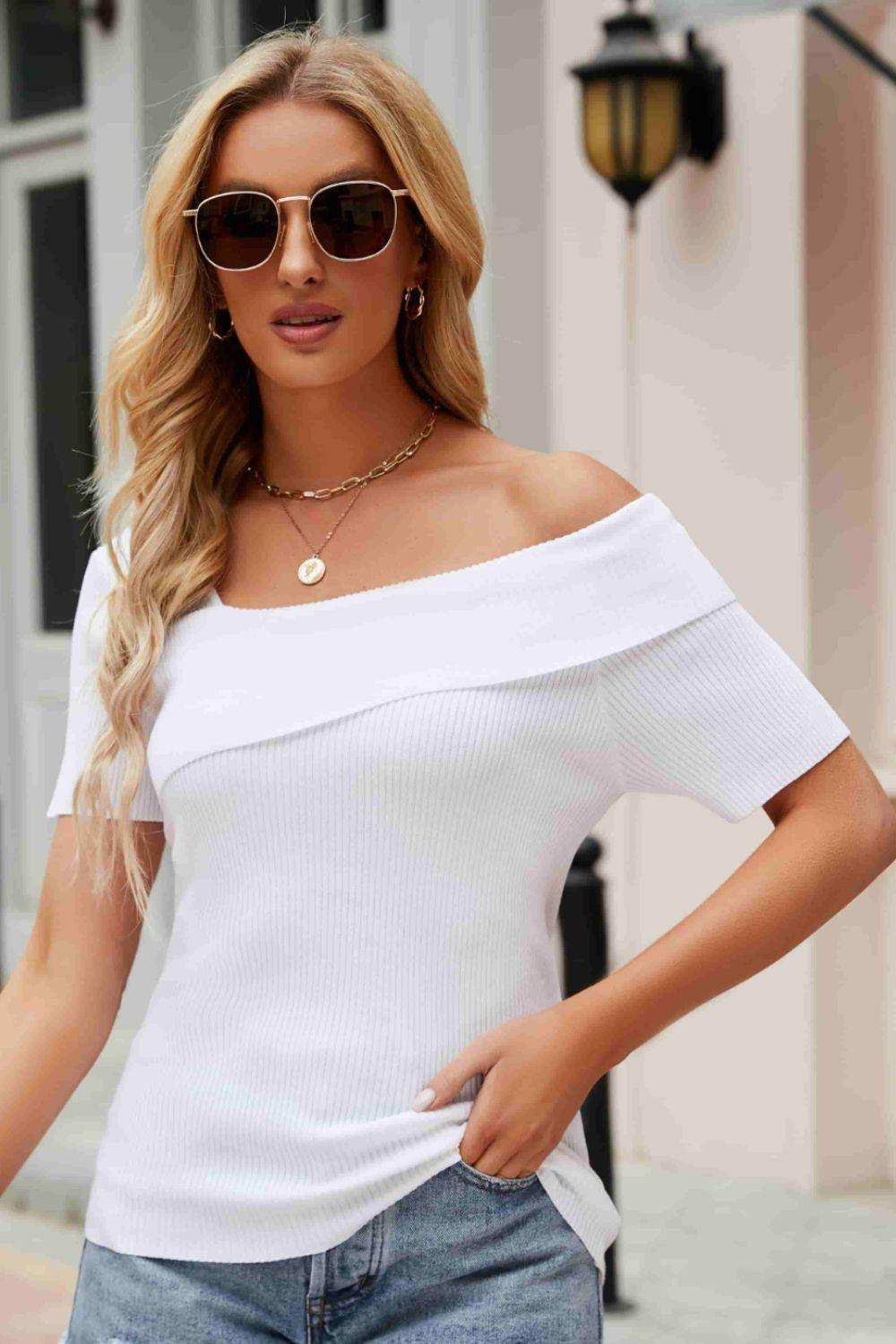 Asymmetrical Neck Rib-Knit Top - Trendsi - Flyclothing LLC
