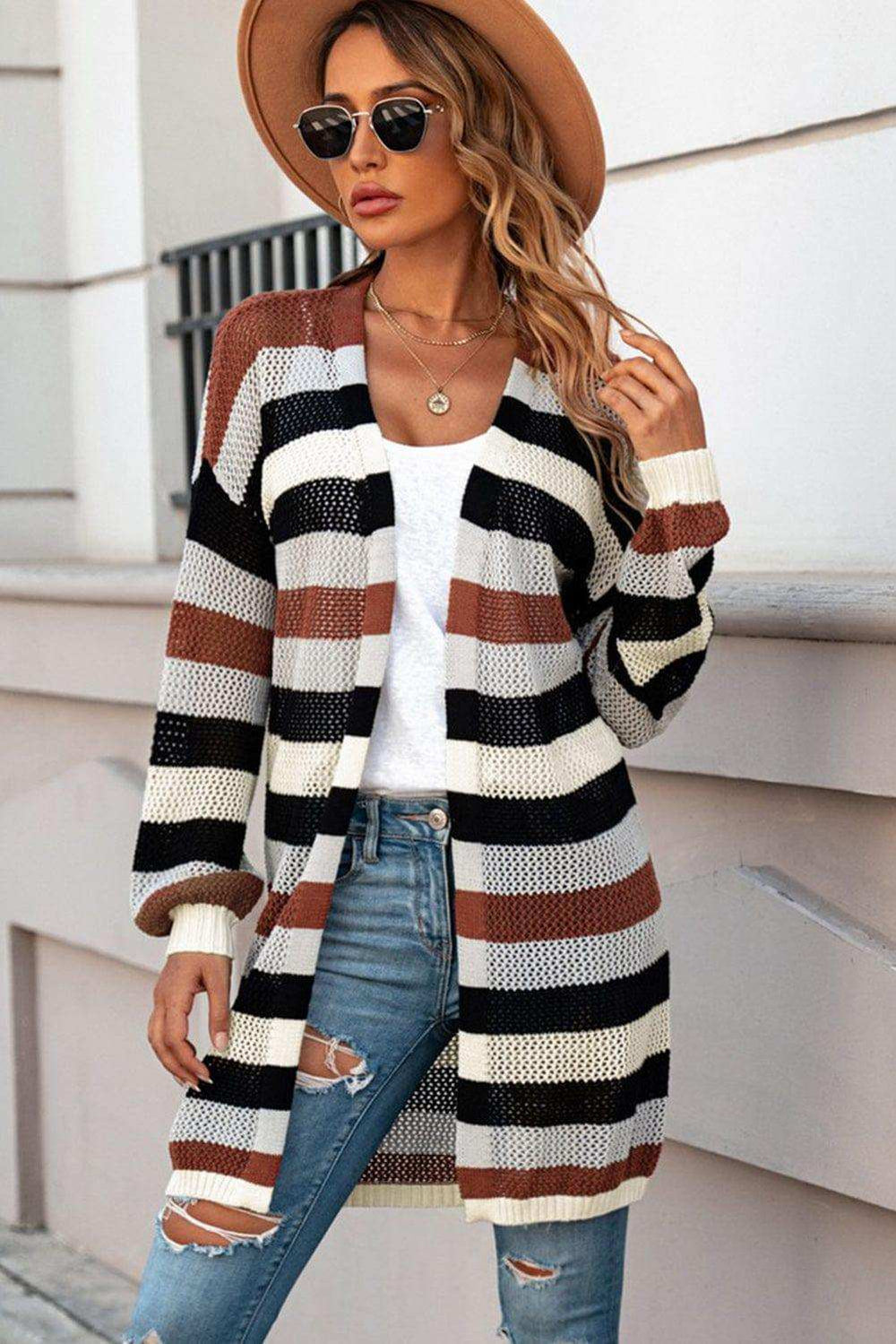 Full Size Striped Long Sleeve Openwork Cardigan - Trendsi - Flyclothing LLC
