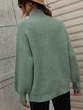 High Neck Balloon Sleeve Rib-Knit Pullover Sweater - Trendsi - Flyclothing LLC