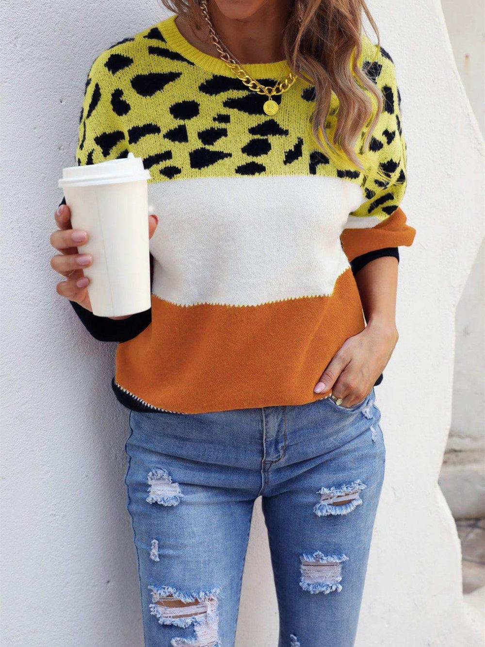 Color Block Round Neck Sweater - Trendsi - Flyclothing LLC