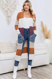 Long Color Block Open Front Pocketed Cardigan - Trendsi - Flyclothing LLC
