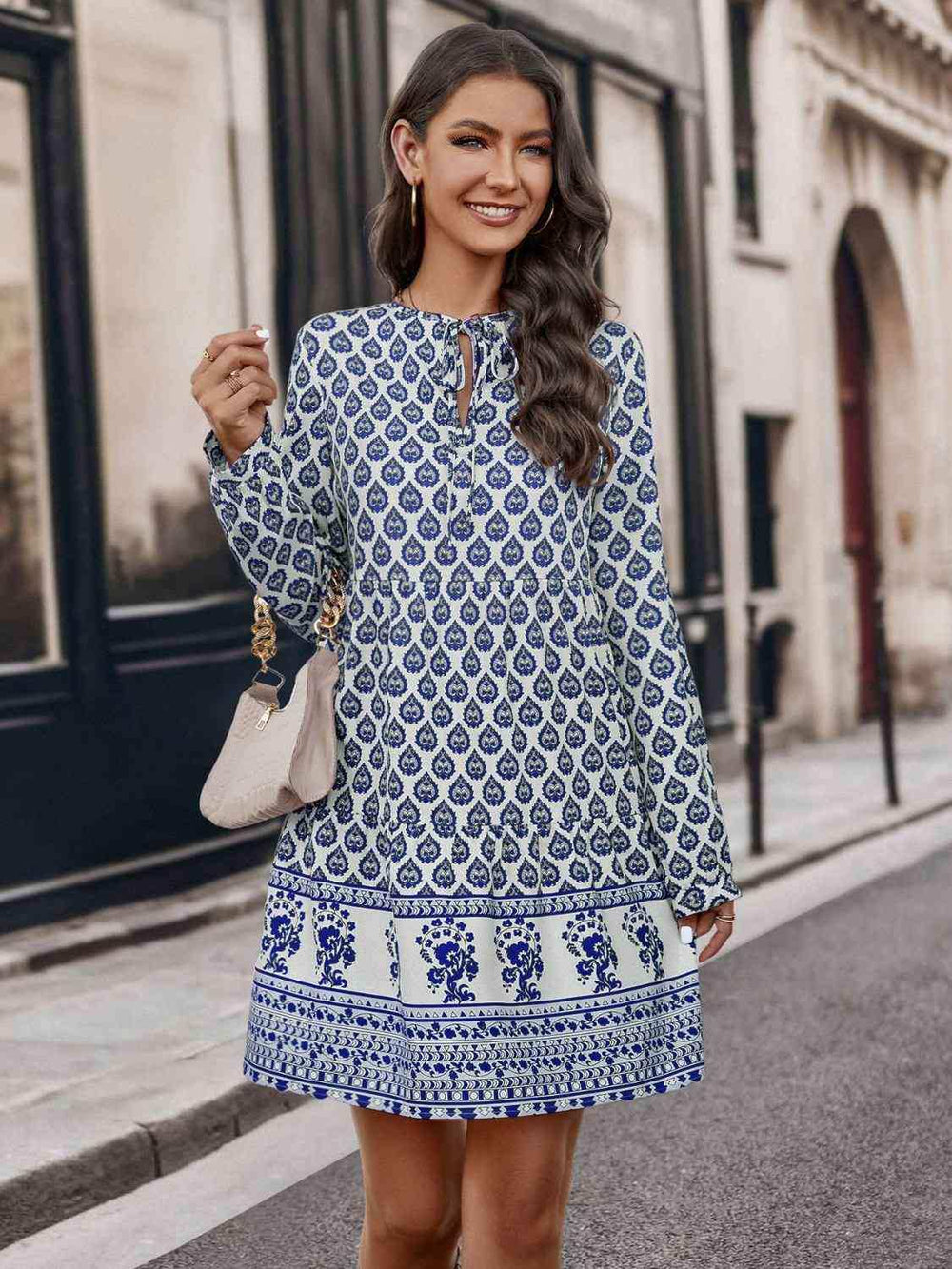 Printed Tie Neck Long Sleeve Dress - Trendsi - Flyclothing LLC