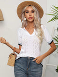 Johnny Collar Openwork Short Sleeve Knit Top - Trendsi - Flyclothing LLC