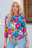 Floral V-Neck Three-Quarter Sleeve Top - Trendsi - Flyclothing LLC
