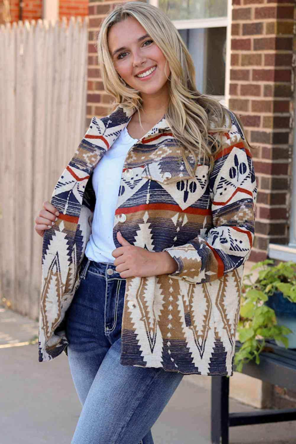 Printed Button Down Collared Jacket - Trendsi - Flyclothing LLC