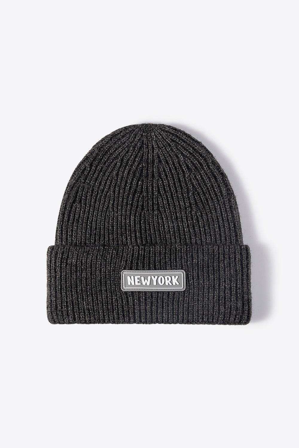 NEWYORK Patch Rib-Knit Cuffed Beanie - Trendsi - Flyclothing LLC