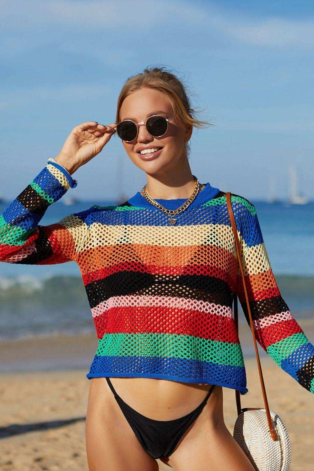 Rainbow Stripe Openwork Long Sleeve Cover-Up - Trendsi - Flyclothing LLC