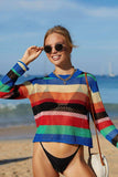 Rainbow Stripe Openwork Long Sleeve Cover-Up - Trendsi - Flyclothing LLC