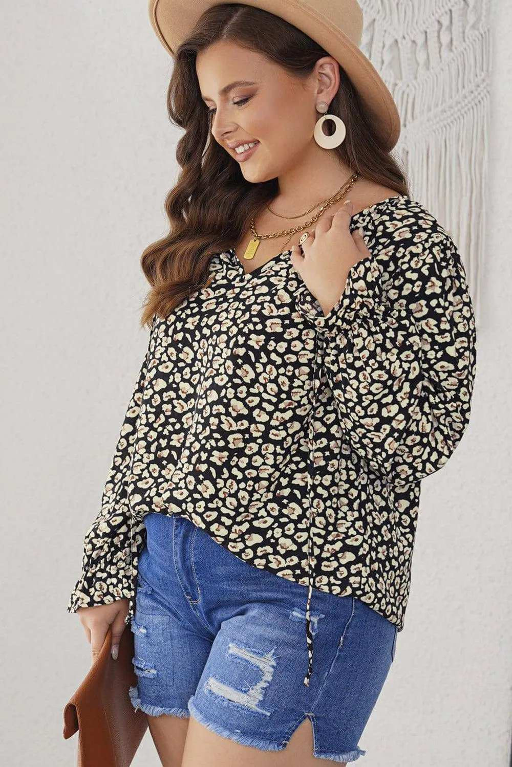 Plus Size Floral Flounce Sleeve Tie-Neck Blouse - Trendsi - Flyclothing LLC