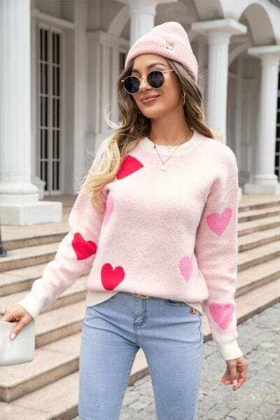 Heart Round Neck Droppped Shoulder Sweater - Trendsi - Flyclothing LLC