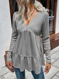 Waffle-knit V-Neck Long Sleeve Blouse - Trendsi - Flyclothing LLC