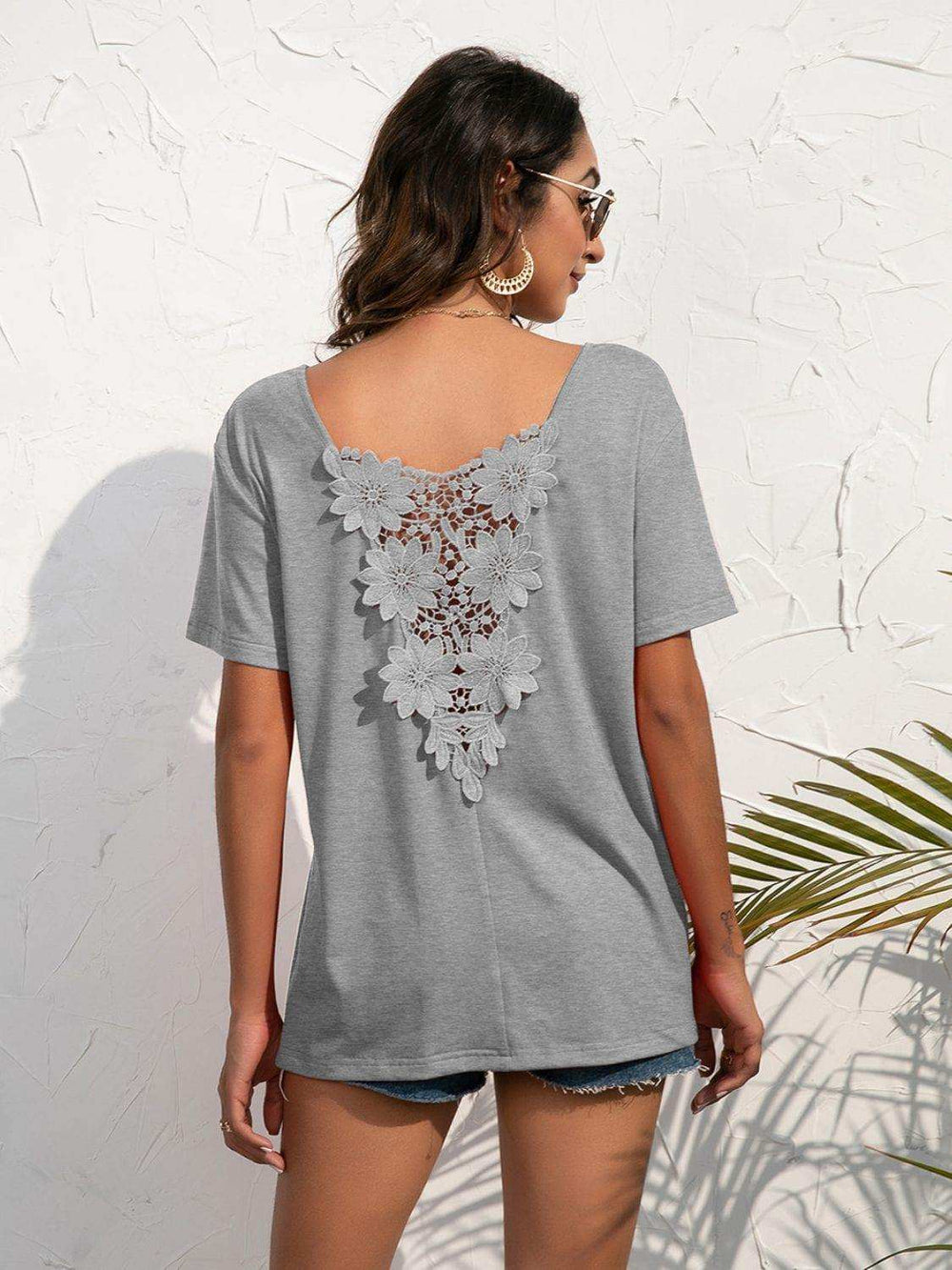 Lace Trim Short Sleeve Top - Trendsi - Flyclothing LLC