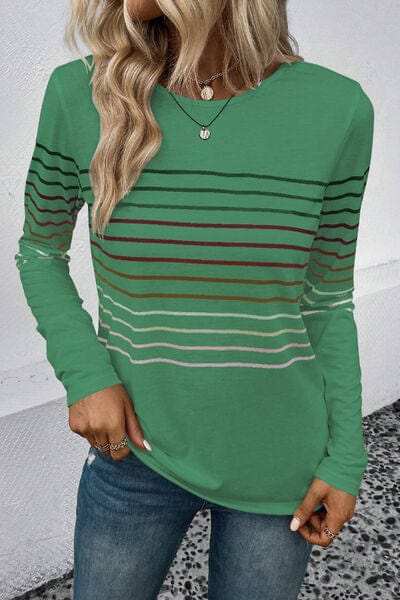 Striped Round Neck Long Sleeve T-Shirt - Trendsi - Flyclothing LLC