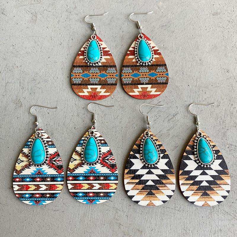 Turquoise Teardrop Shape Wooden Dangle Earrings - Trendsi - Flyclothing LLC