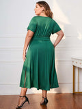 Plus Size Short Sleeve Surplice Neck Midi Dress - Trendsi - Flyclothing LLC