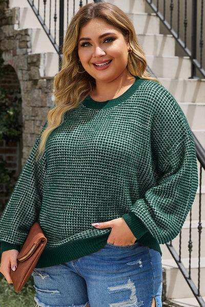 Plus Size Waffle-Knit Round Neck Dropped Shoulder Sweater - Trendsi - Flyclothing LLC