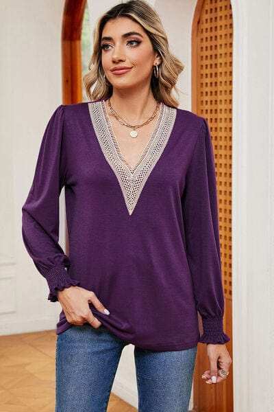 Lace Detail V-Neck Lantern Sleeve T-Shirt - Trendsi - Flyclothing LLC