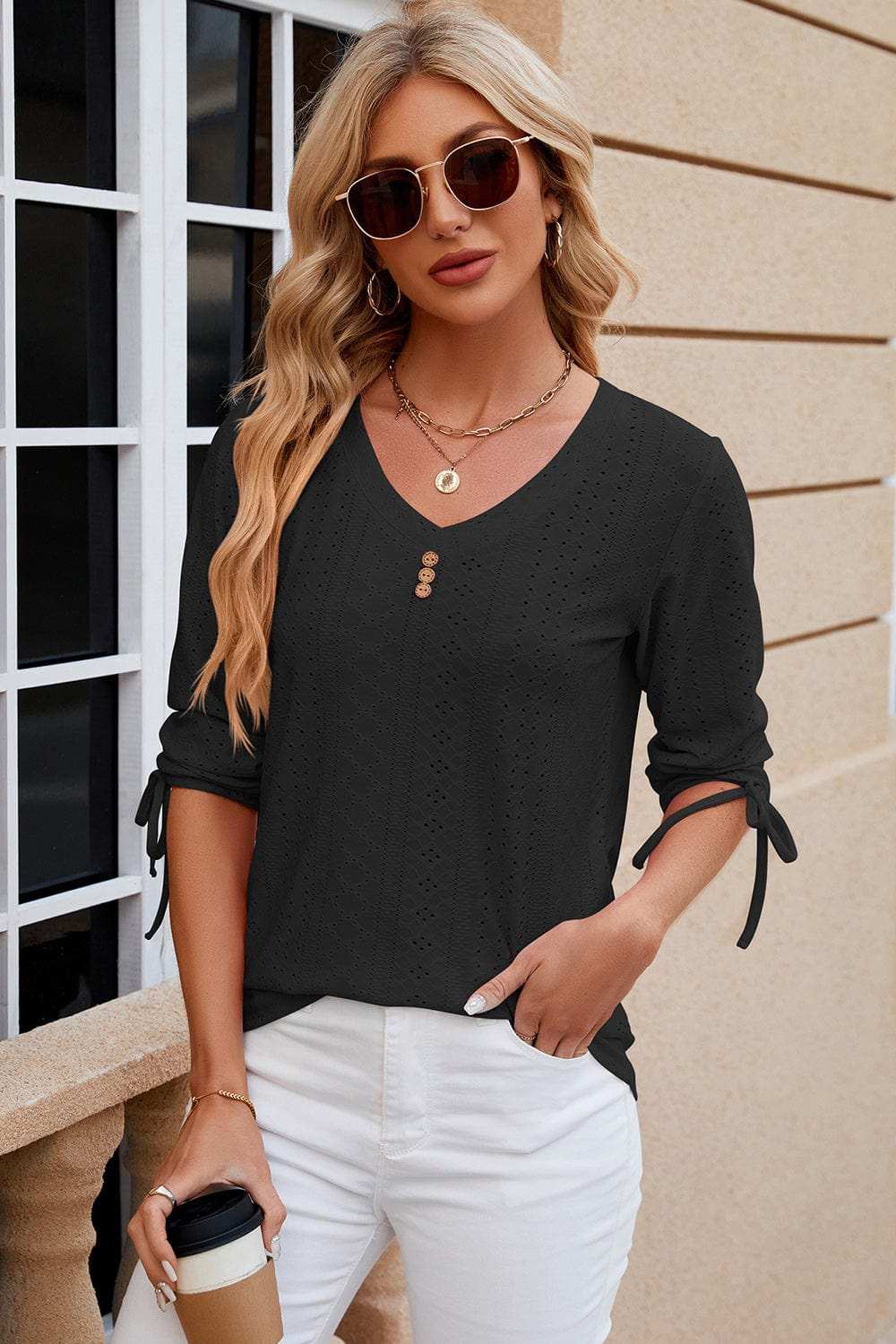Eyelet Drawstring V-Neck Half Sleeve T-Shirt - Trendsi - Flyclothing LLC