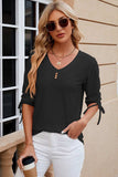 Eyelet Drawstring V-Neck Half Sleeve T-Shirt - Trendsi - Flyclothing LLC