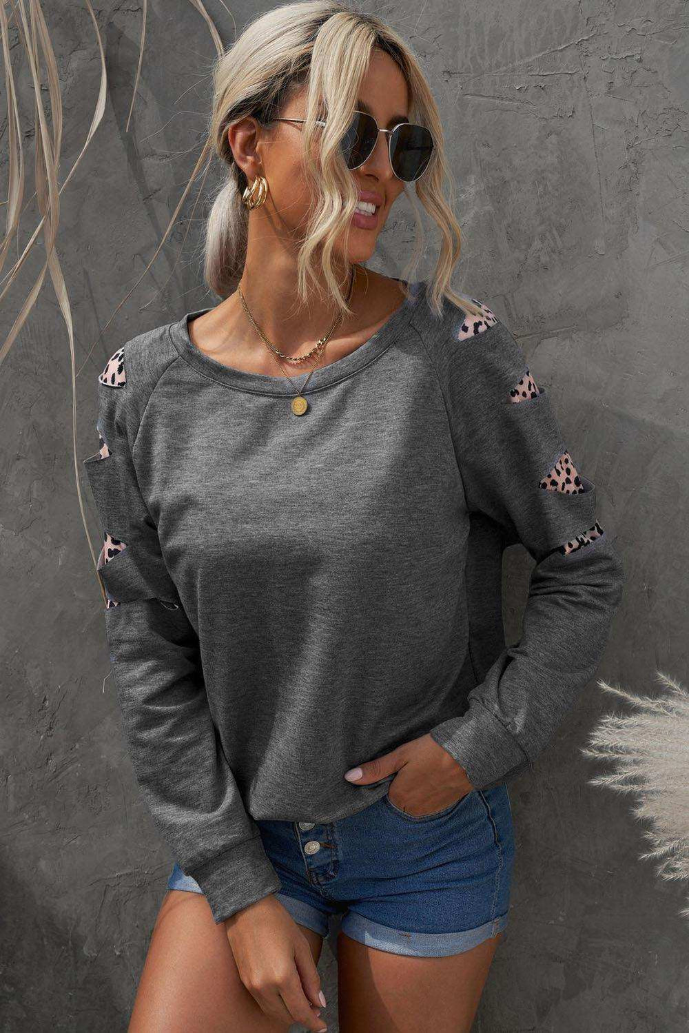 Leopard Patchwork Raglan Sleeve Sweatshirt - Trendsi - Flyclothing LLC