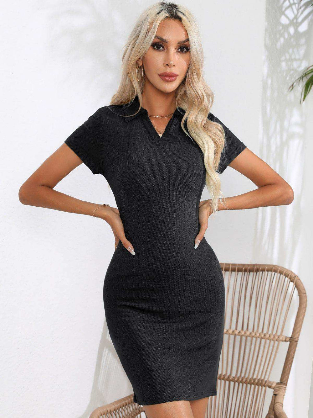Johnny Collar Short Sleeve Bodycon Dress - Trendsi - Flyclothing LLC