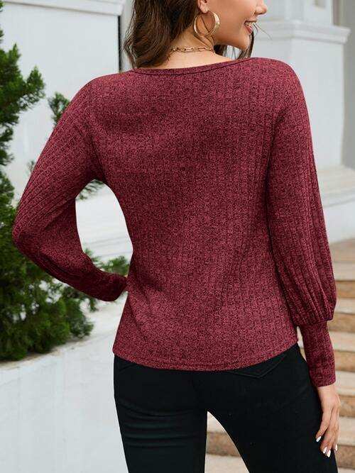 Ribbed Round Neck Lantern Sleeve Knit Top - Trendsi - Flyclothing LLC