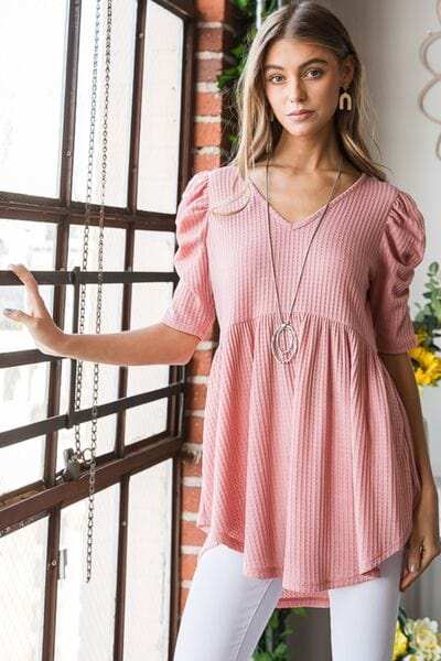 Heimish Full Size Waffle Knit V-Neck Babydoll Top - Trendsi - Flyclothing LLC