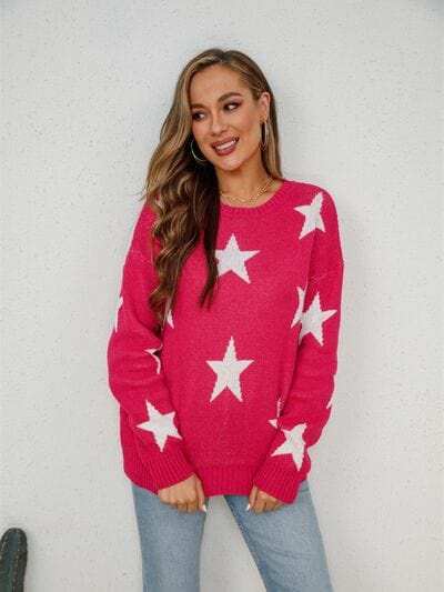 Star Round Neck Dropped Shoulder Sweater - Trendsi - Flyclothing LLC