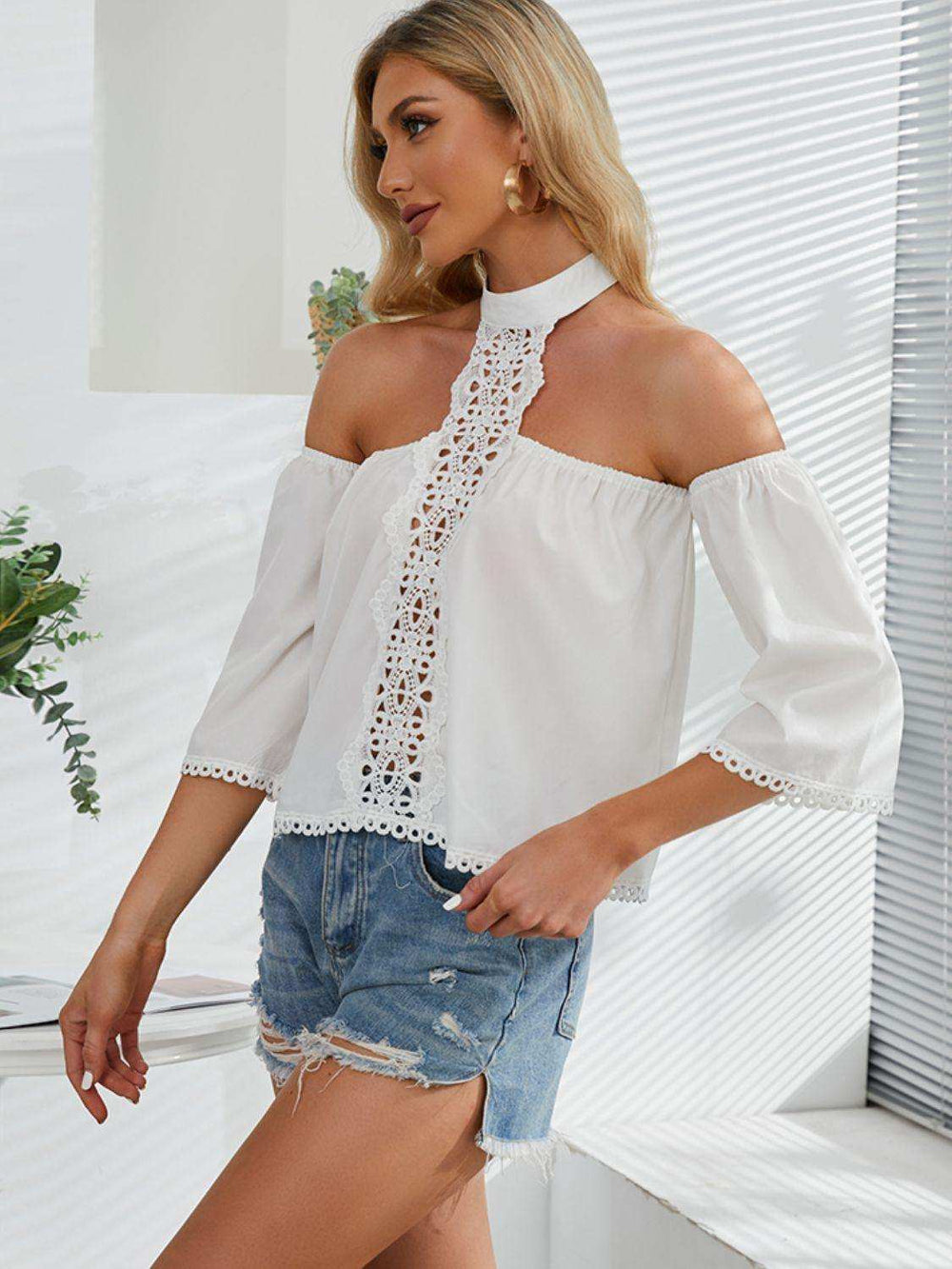 Crochet Halter Neck Cold-Shoulder Blouse - Trendsi - Flyclothing LLC