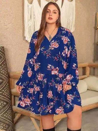 Plus Size Printed Tie Neck Balloon Sleeve Mini Dress - Trendsi - Flyclothing LLC