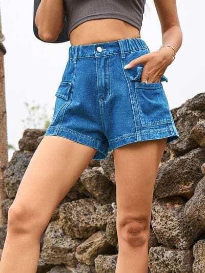 High Waist Denim Shorts with Pockets - Trendsi - Flyclothing LLC