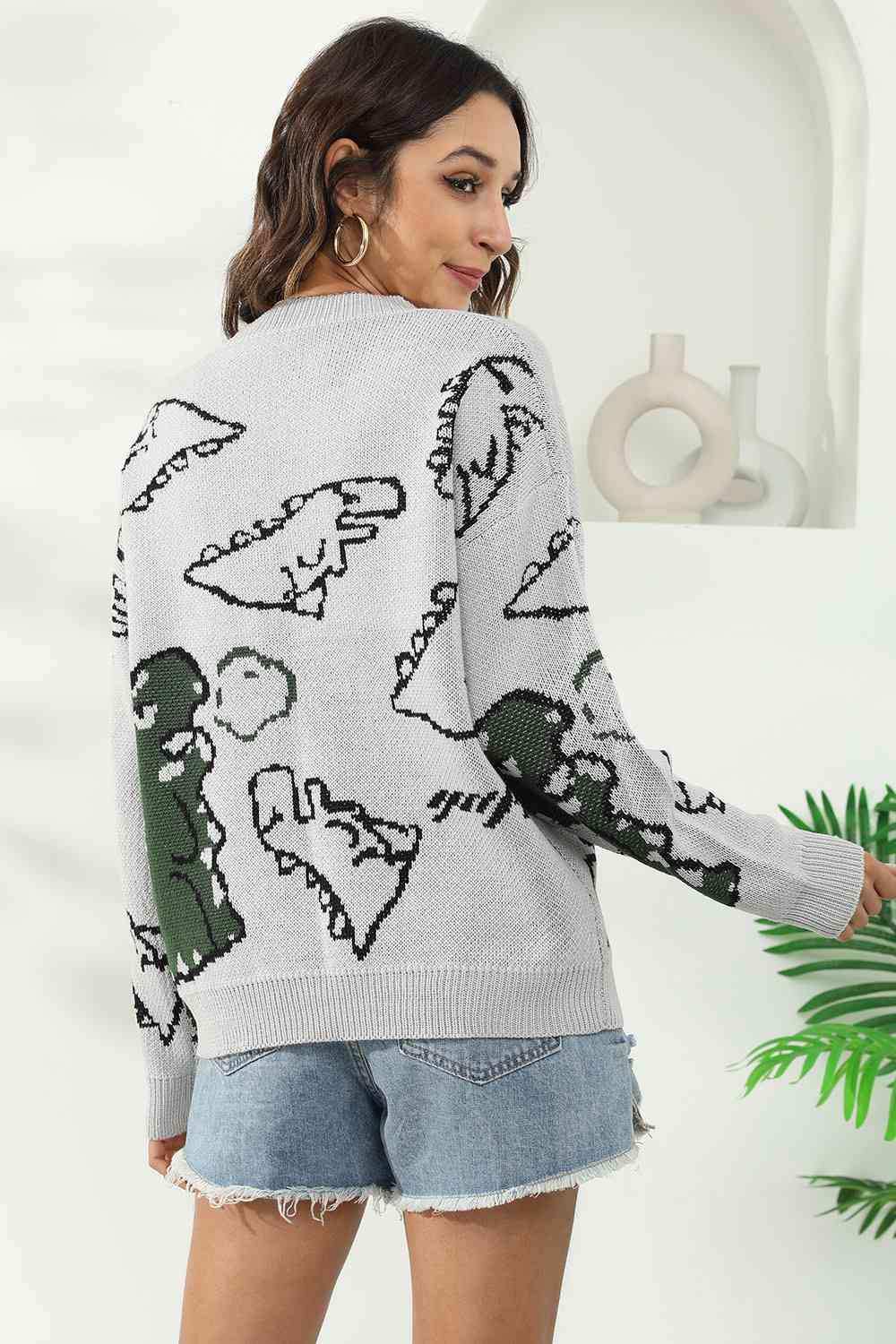 Dinosaur Print Pullover Sweater - Trendsi - Flyclothing LLC