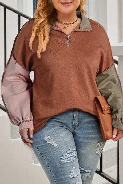Plus Size Exposed Seam Color Block Quarter Zip Sweatshirt - Trendsi - Flyclothing LLC