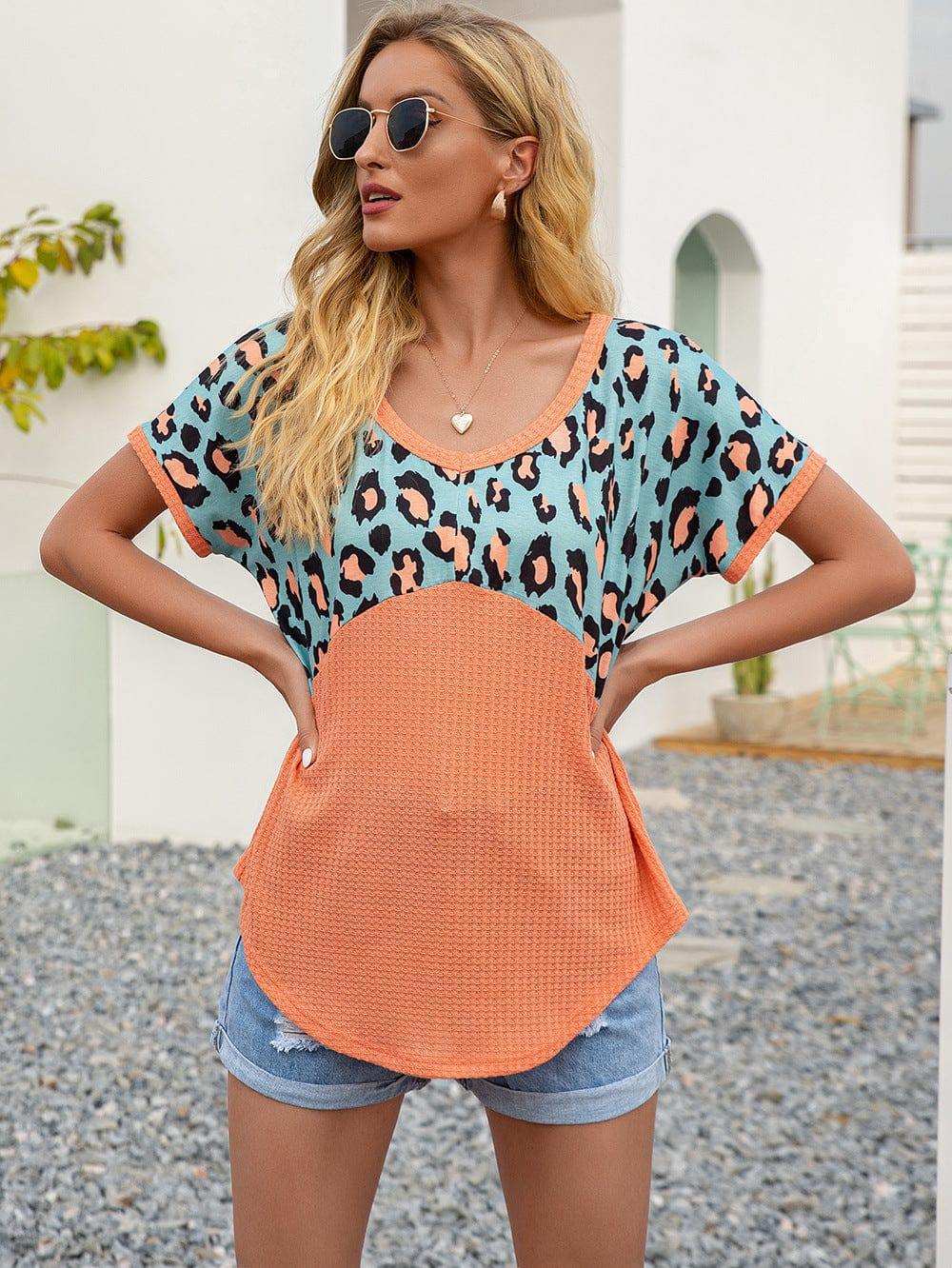 Leopard Waffle-Knit Short Sleeve Top - Trendsi - Flyclothing LLC