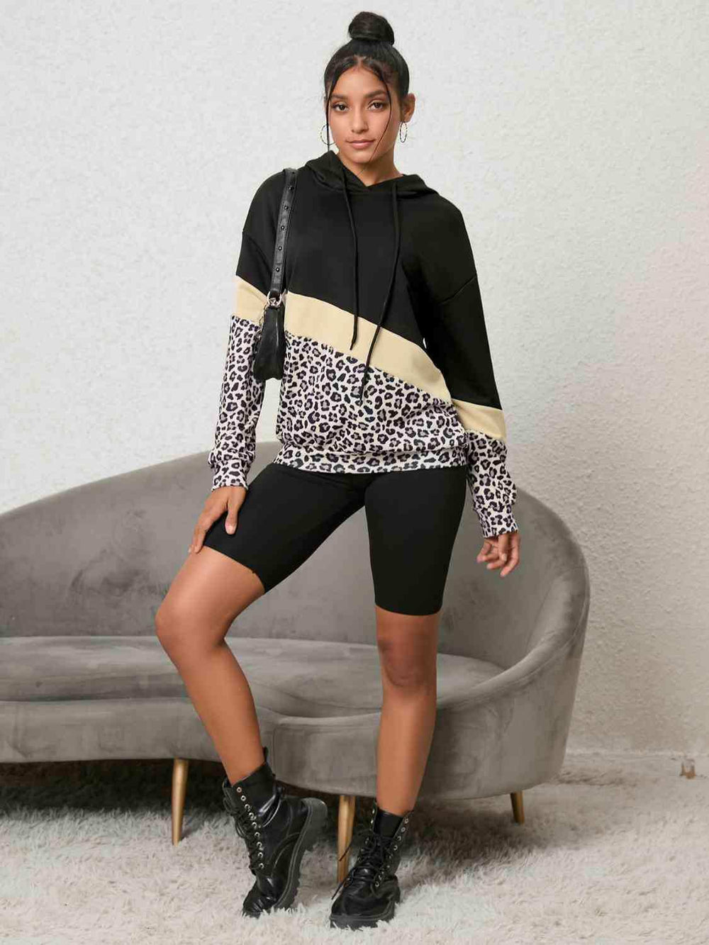 Leopard Color Block Hoodie - Trendsi - Flyclothing LLC