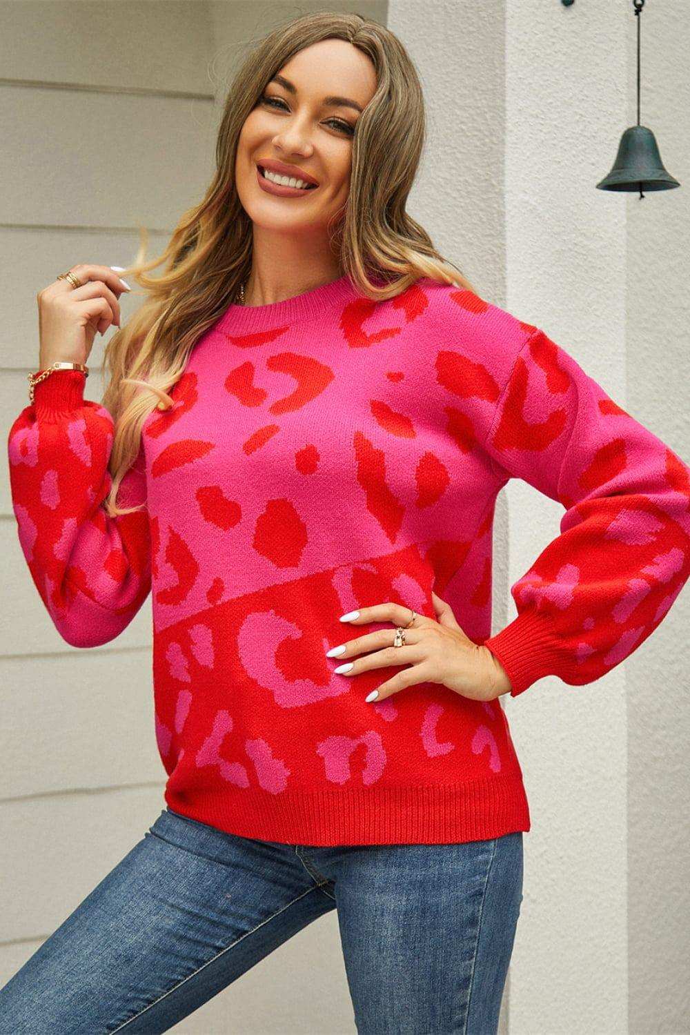 Leopard Round Neck Dropped Shoulder Sweater - Trendsi - Flyclothing LLC