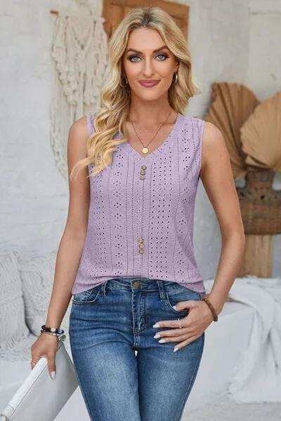 Eyelet Decorative Button V-Neck Tank - Trendsi - Flyclothing LLC