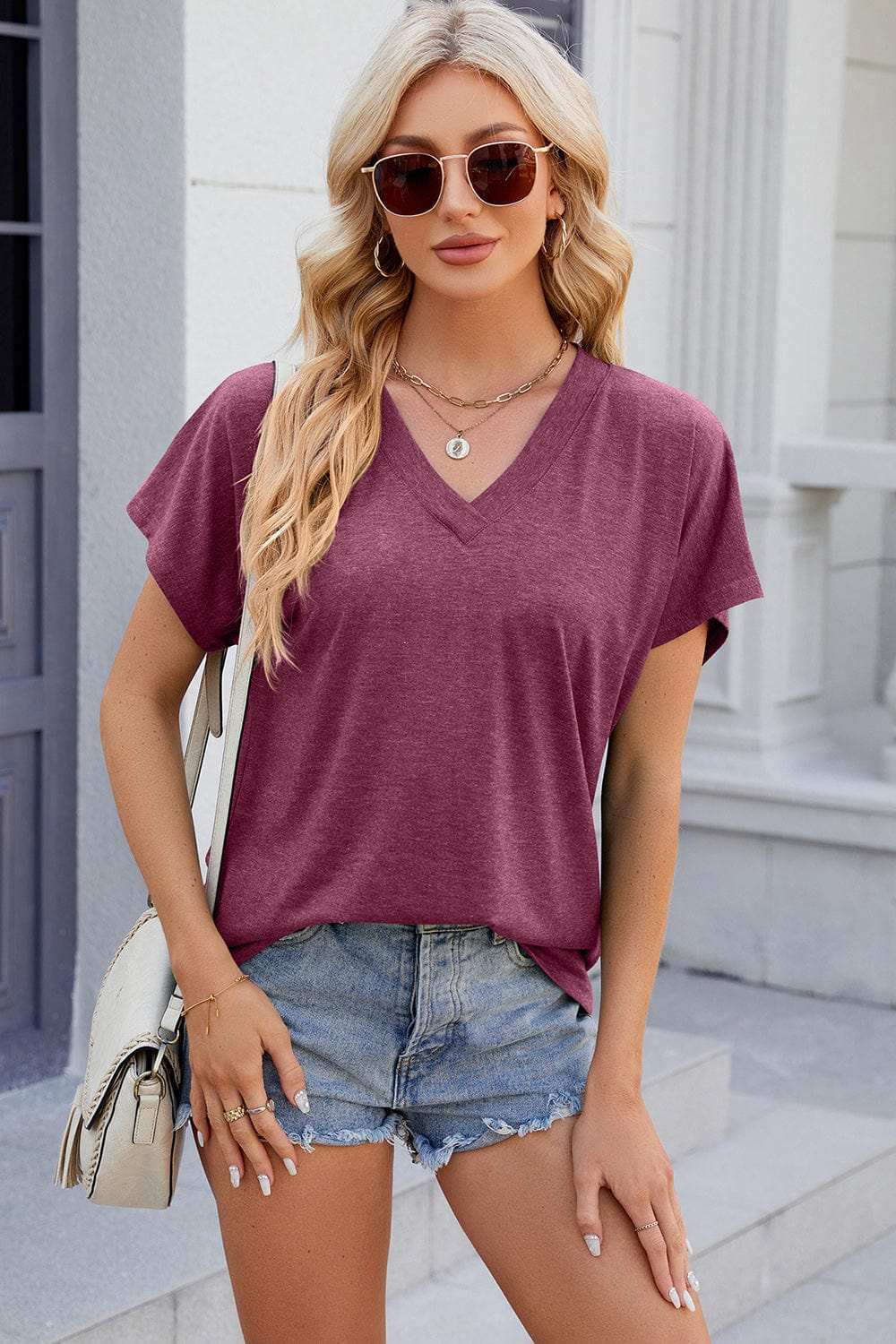 V-Neck Short Sleeve T-Shirt - Trendsi - Flyclothing LLC