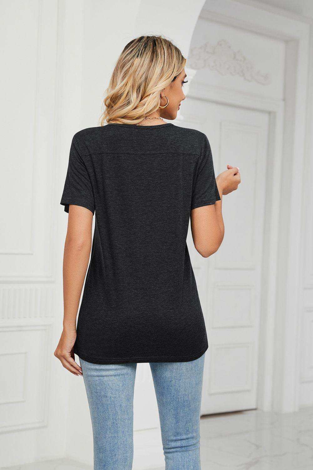 Decorative Button V-Neck Tee - Trendsi - Flyclothing LLC