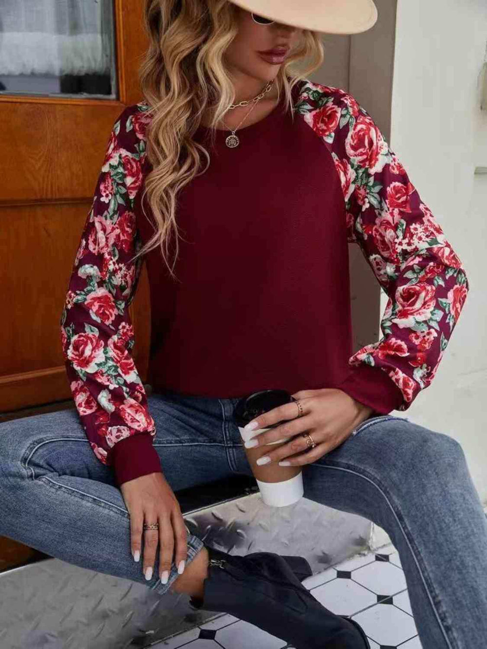 Floral Raglan Sleeve Round Neck Sweatshirt - Trendsi - Flyclothing LLC