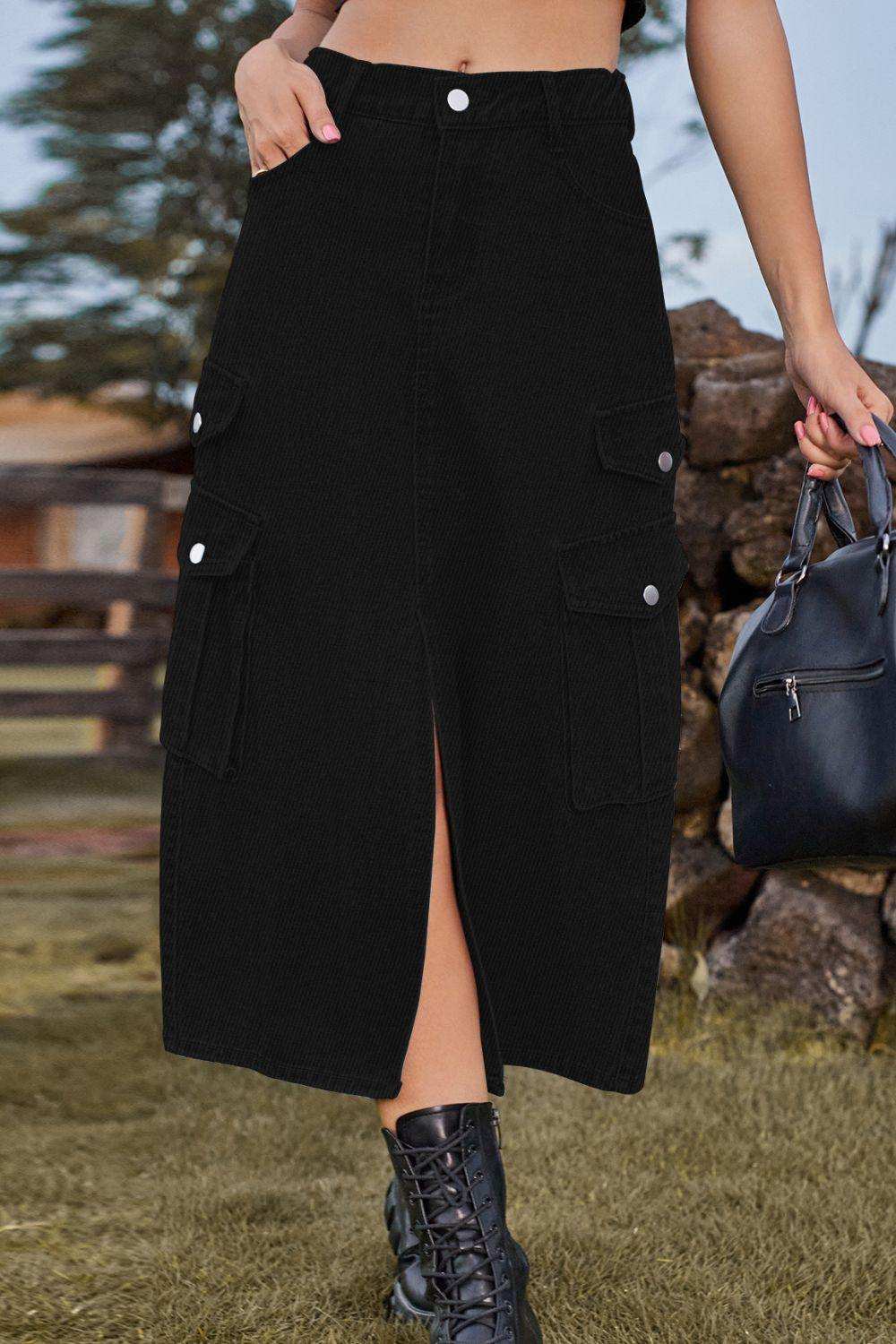 Slit Front Midi Denim Skirt with Pockets - Trendsi - Flyclothing LLC