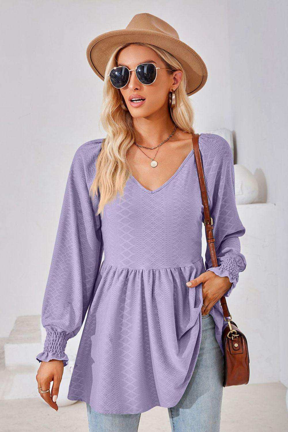 V-Neck Lantern Sleeve Blouse - Trendsi - Flyclothing LLC