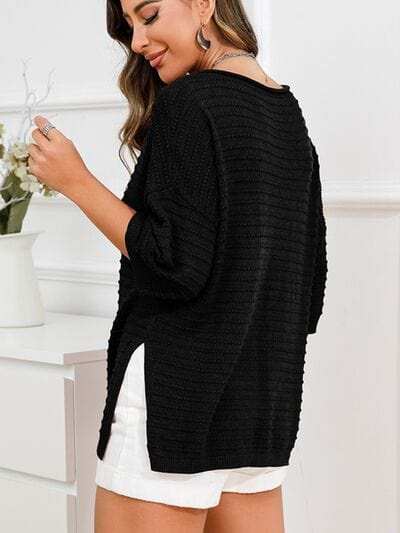 Rolled Round Neck Dropped Shoulder Slit Sweater - Trendsi - Flyclothing LLC