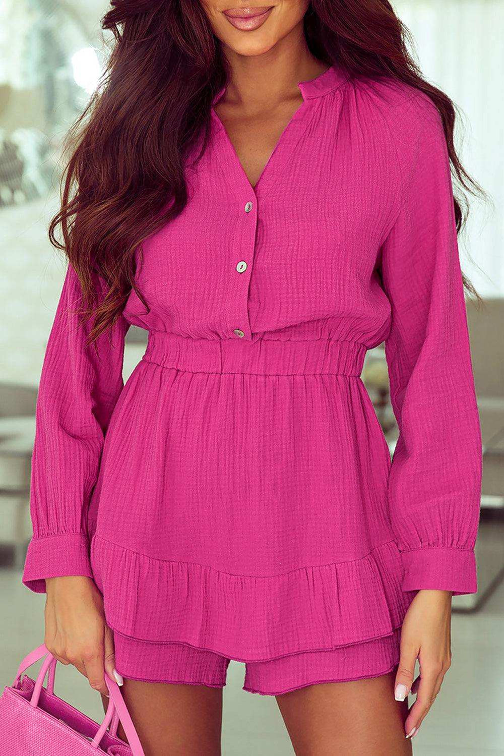 Buttoned Notched Neck Long Sleeve Romper - Trendsi - Flyclothing LLC