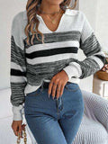 Striped Collared Neck Long Sleeve Sweater - Trendsi - Flyclothing LLC