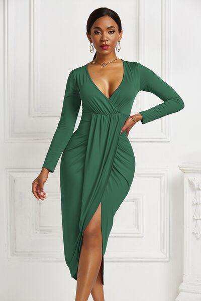 High-low Ruched Surplice Long Sleeve Dress - Trendsi - Flyclothing LLC