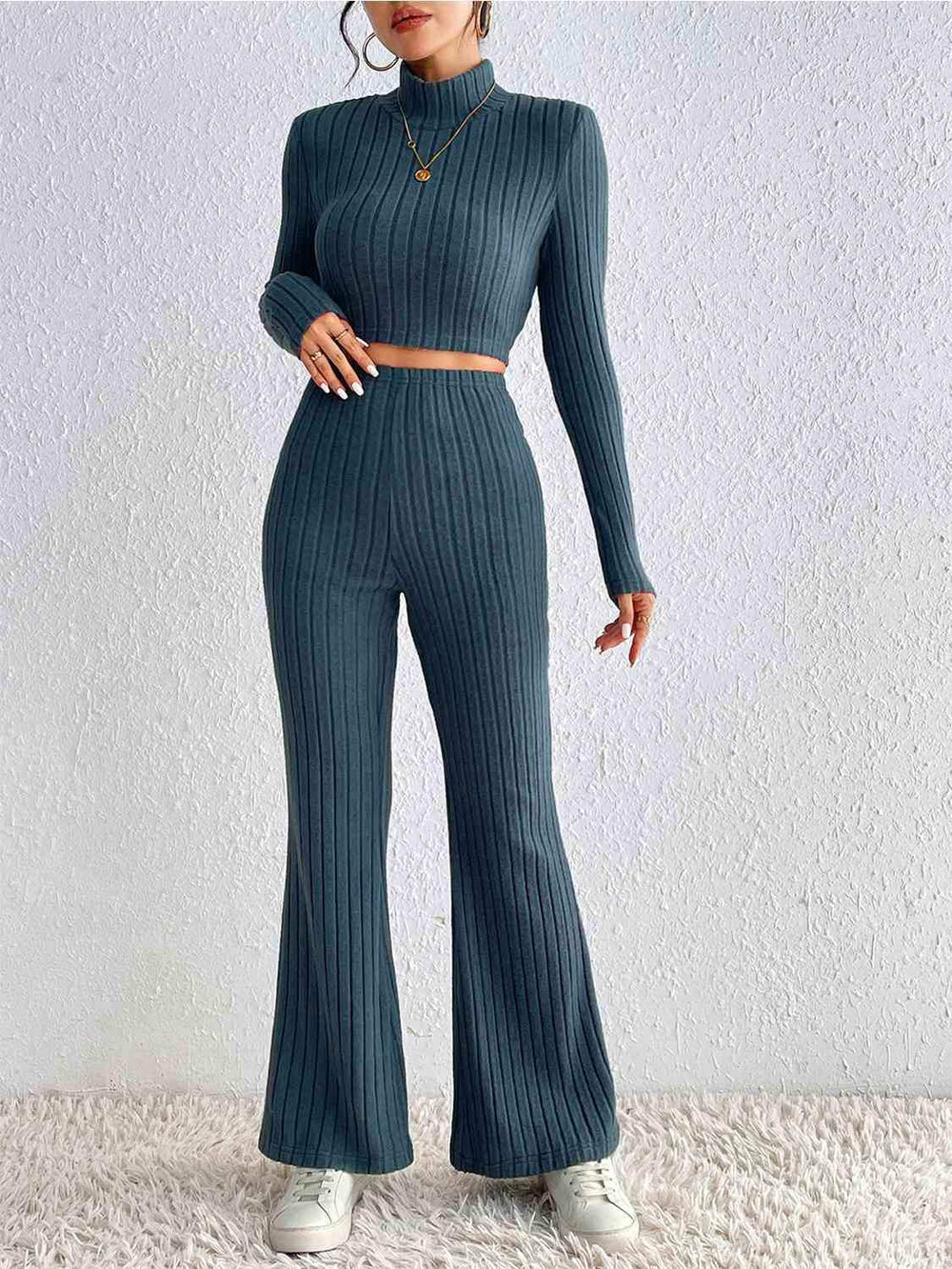 Ribbed Mock Neck Cropped Sweater & High Waist Pants Set - Trendsi - Flyclothing LLC