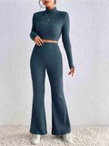 Ribbed Mock Neck Cropped Sweater & High Waist Pants Set - Trendsi - Flyclothing LLC