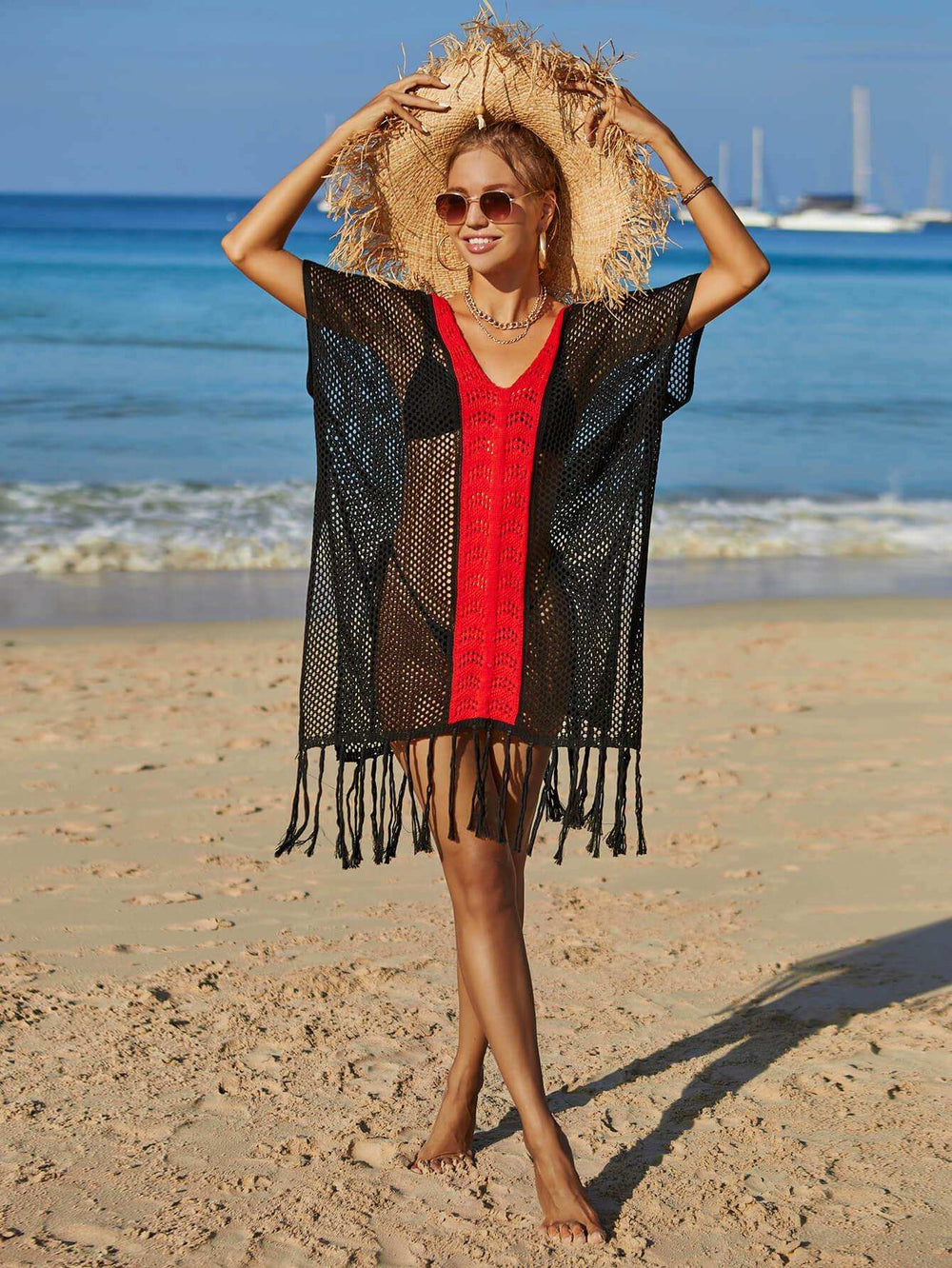 Contrast Fringe Trim Openwork Cover-Up Dress - Trendsi - Flyclothing LLC