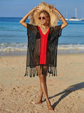 Contrast Fringe Trim Openwork Cover-Up Dress - Trendsi - Flyclothing LLC